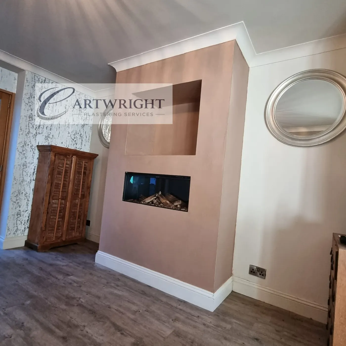 Plastered media wall with recessed electric fire